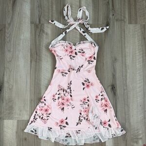 NWT Pink Floral Halter Ruffle Hem Mini Dress